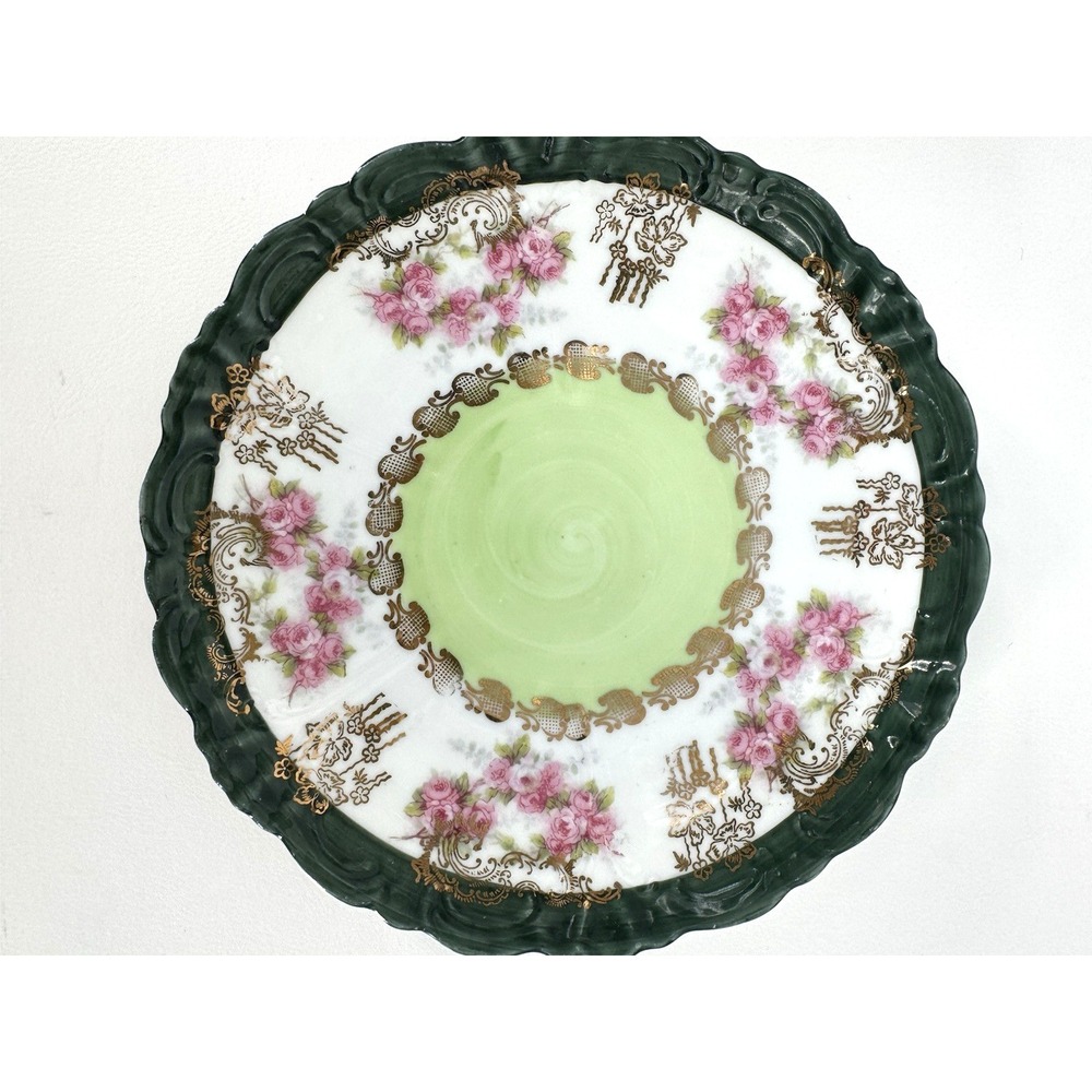 Elbogin Austria Antique Cabinet‎ Plates Green Gold Roses Swirl Set 1890-1910